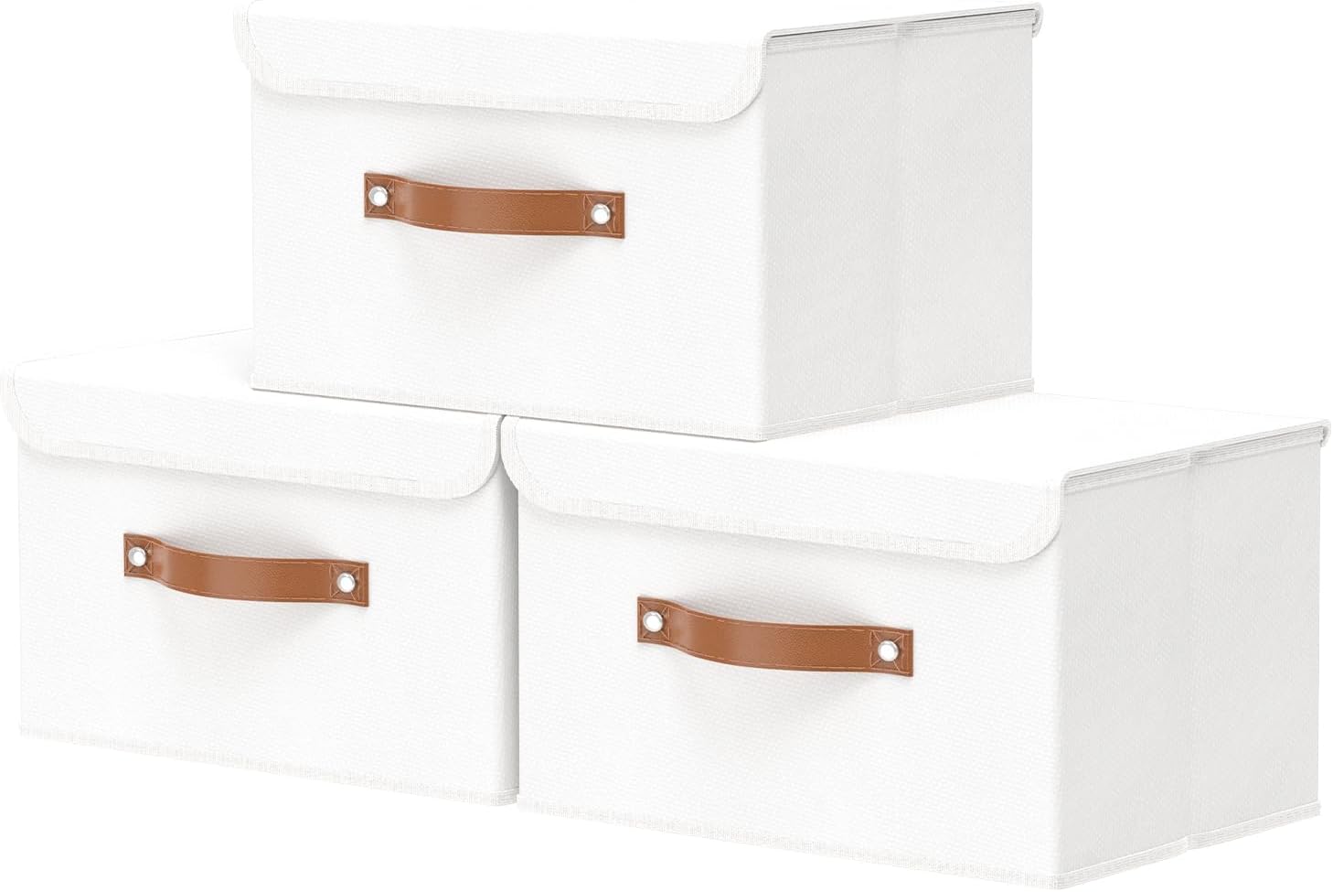 OUTBROS Collapsible Storage Box with Lid, Linen Fabric Clothing Shelf Basket Bins Box For Towels, Clothes 33x23x20 cm (White, 3-Pack)