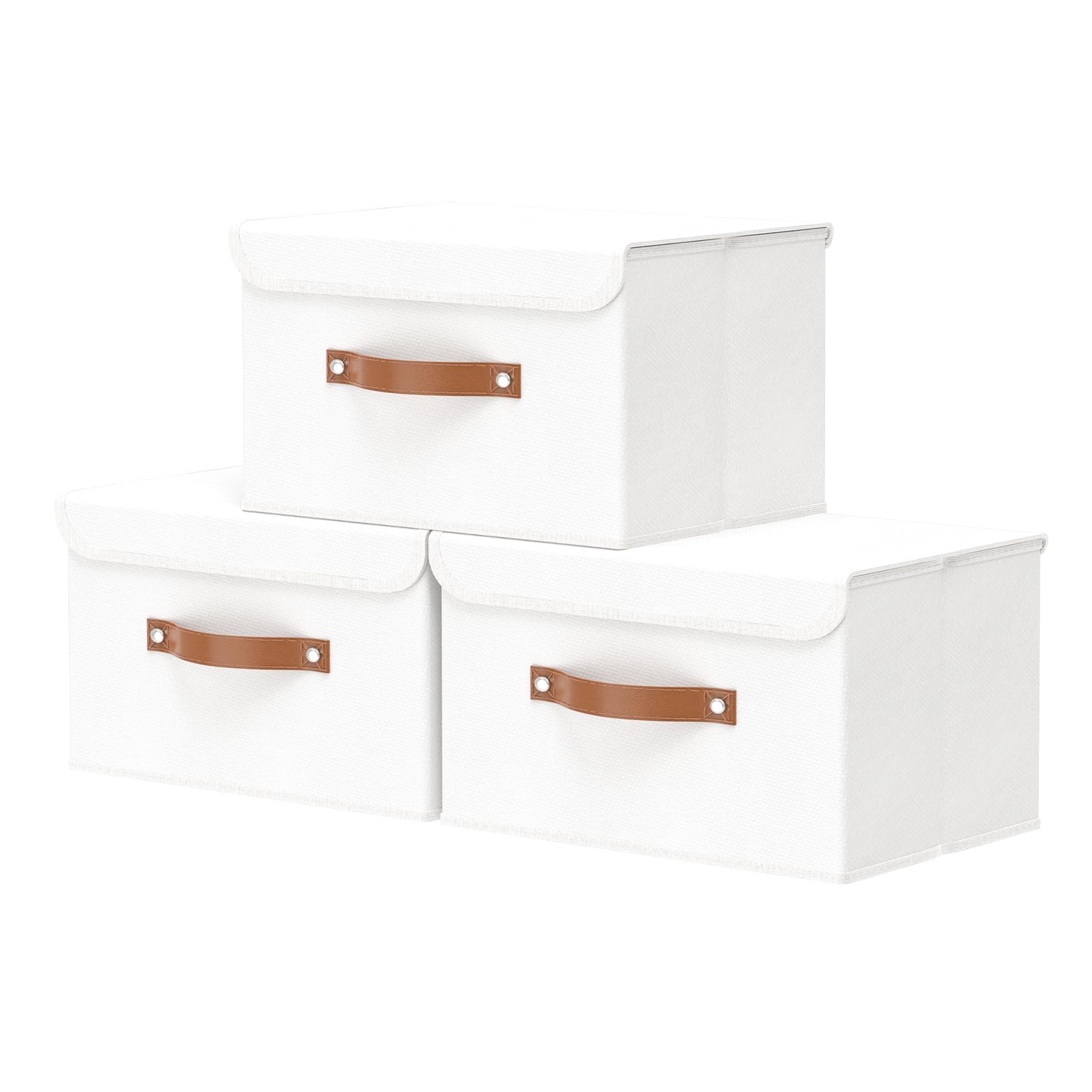 OUTBROS Cajas Almacenaje Lavable Plegable, Cesta de Tela, Juegos de Organizadoras con Tapa y Asa, Cubos de Almacenamiento, Contenedores de Tela para Ropa, 33 x 23 x 20 cm, 3 unidades, Blanco