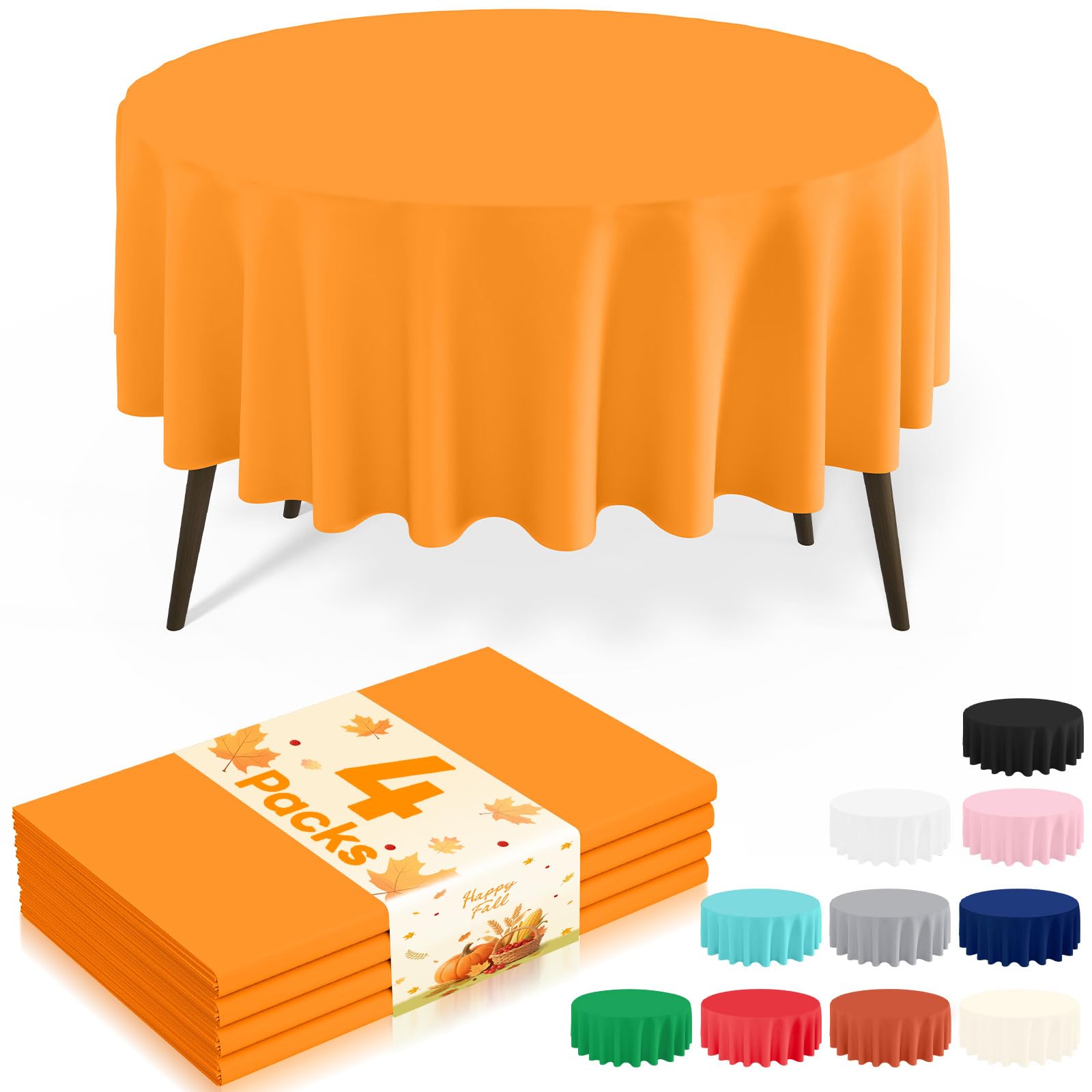 misaya 4 Packs Disposable Plastic Table Cloth, 84" Round Waterproof Tablecloth, Leakproof &amp; Sturdy Decorative Table Covers for Picnic, Party, Outdoor and Halloween, Orange