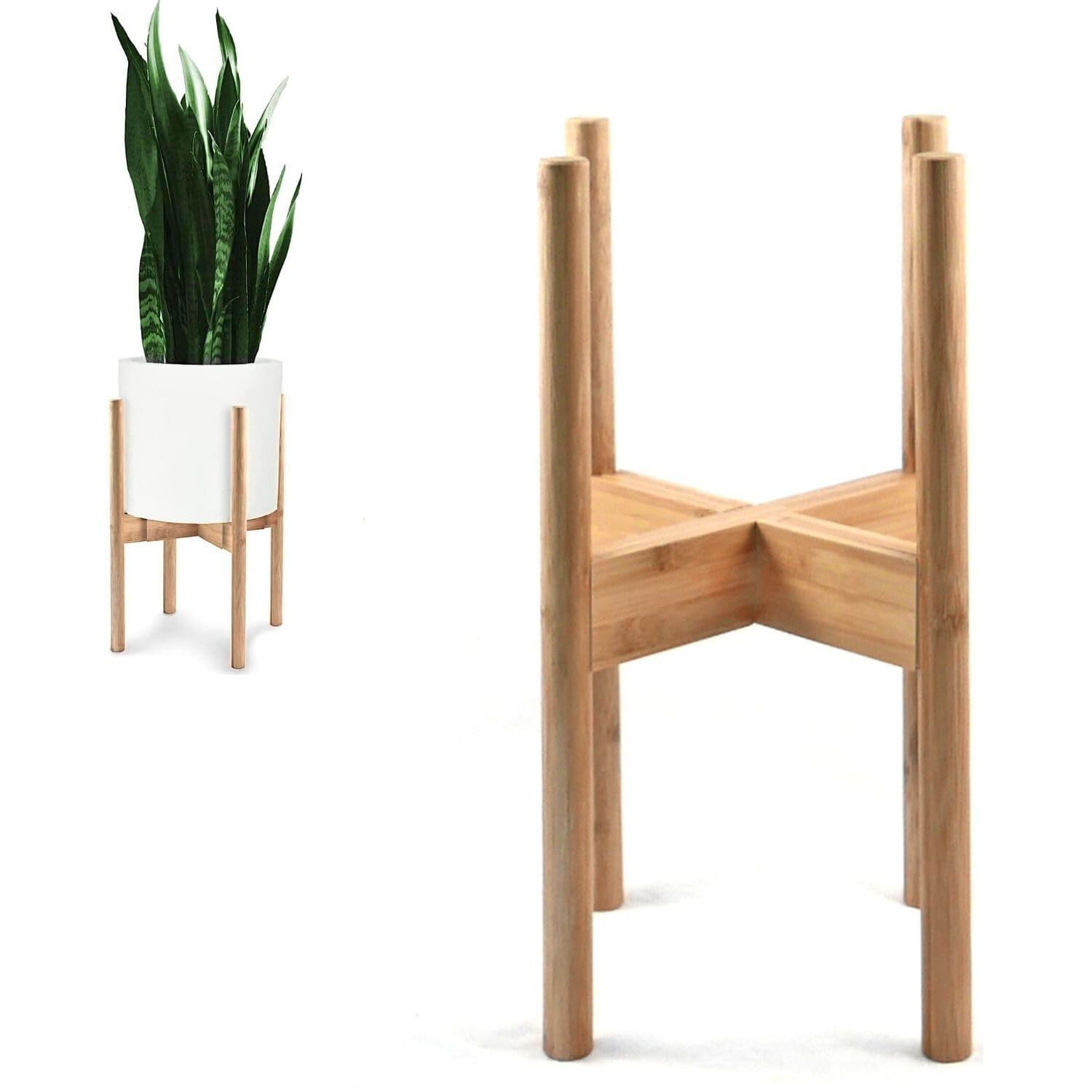 Fox & Fern Adjustable Plant Stand Indoor — 8 to 12 Inch Premium Mid Century Bamboo Plant Stand with Adjustable Width; Plug In Design; Easy to Assemble
