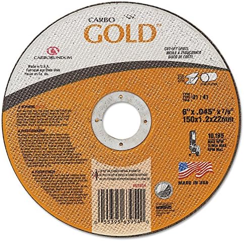 Carborundum481-05539563954 Aluminum Oxide Type 01 Cutoff Wheel, 6", 0.045", 46 Grit, 7/8", 10185 rpm, Carbo Gold