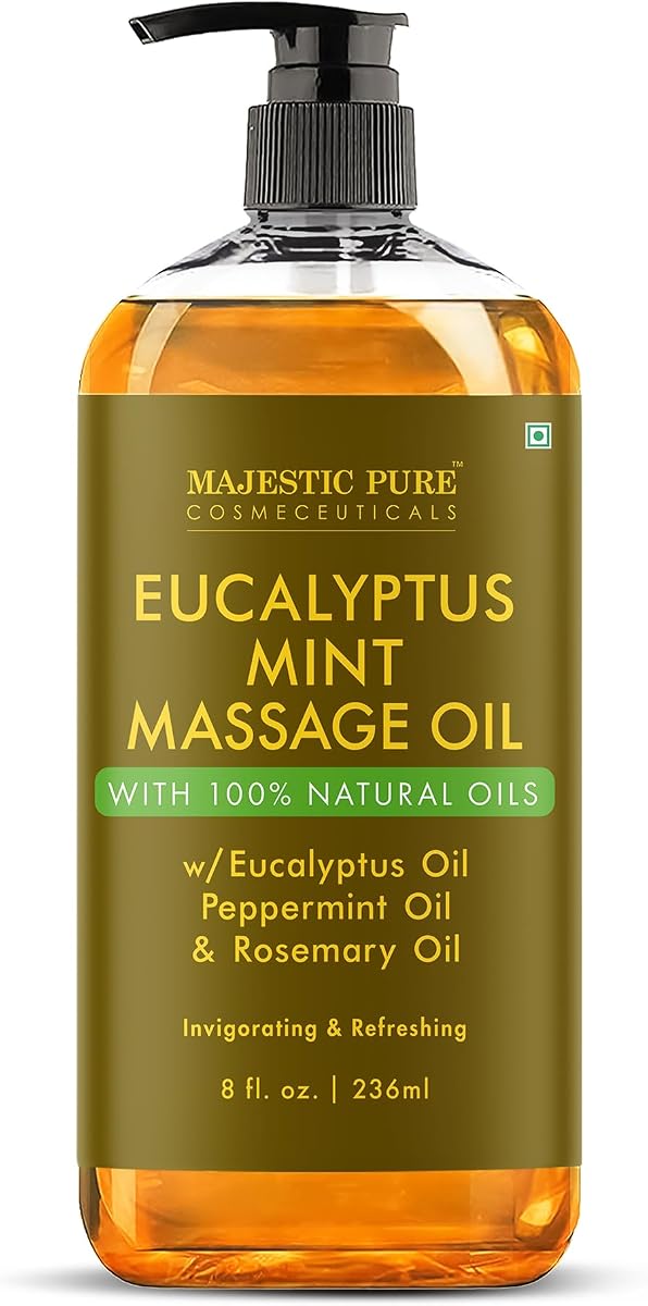 Majestic Pure Eucalyptus Mint Massage Oil, Cooling Blend, 8 Fl Oz | Invigorating post-shower refresh and morning pick-me-up; crisp, minty aroma with a clean glide that revitalizes skin.