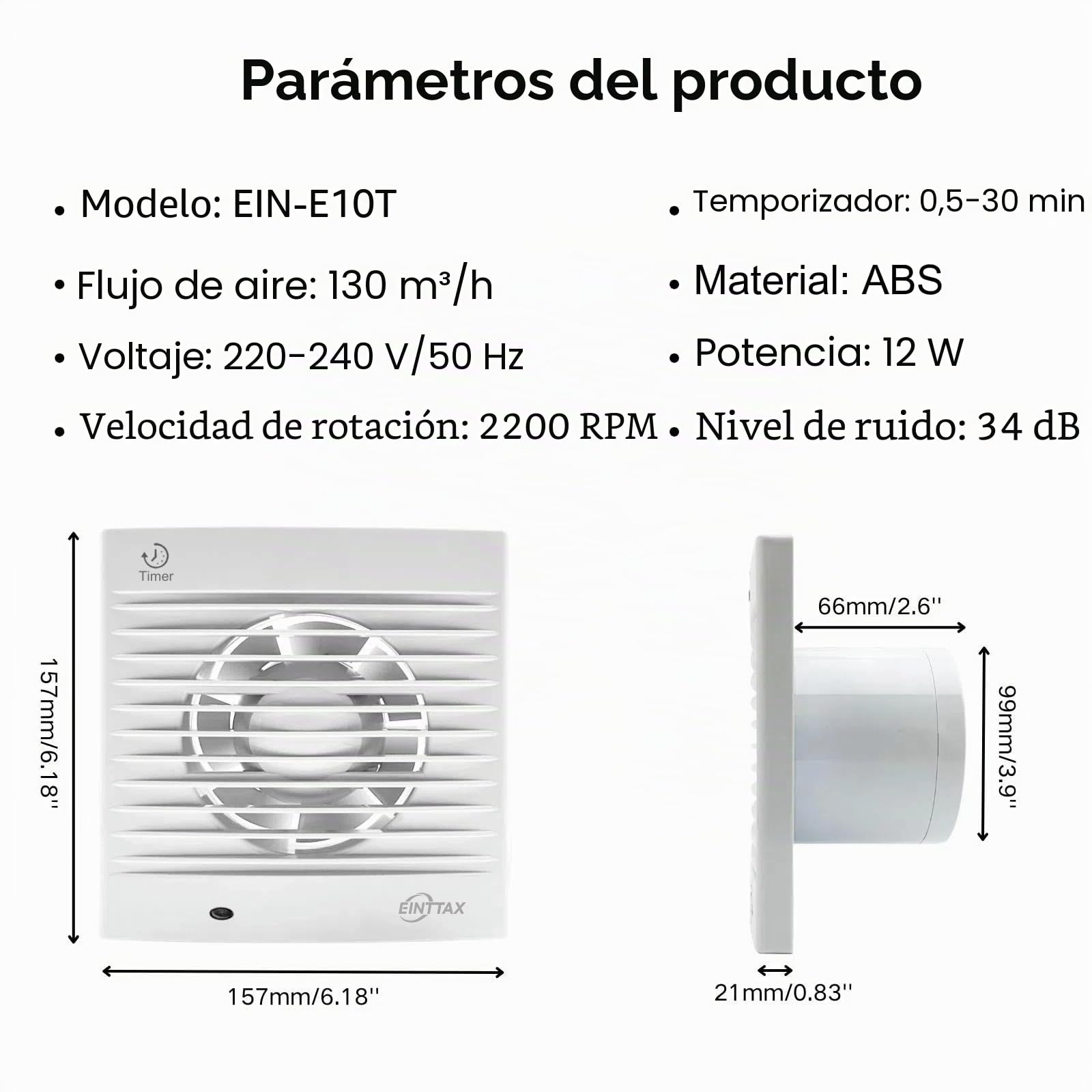 100 mm Ventilador, Extractor de aire, con válvula antirretroceso,VMC, 12 W, 34 dB, para cuarto de baño, cocina, oficina, inodoro, silenciador, blanco