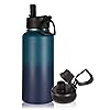 Volhoply 32oz Insulated Water Bottle with Straw Lid, Dark Night, 1-Pack | 18/8 stainless steel, wide mouth, double wall vacuum keeps hot 12h cold 18h; 2 lids, leak-proof, handle, for hiking, camping
