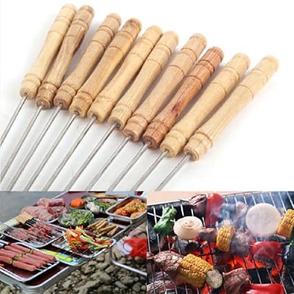 SAFONEX Steel Grill for Chiken Long Steel Rods with Wooden Handle for Easy Making Chicken Tandoor, Paneer Tikkas, Seekh Kabab Etc. (2)
