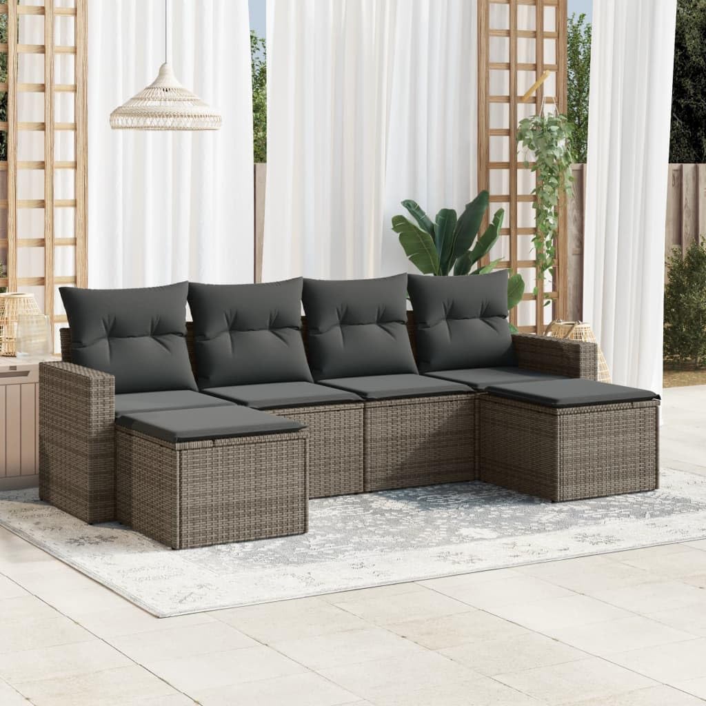 Zestaw 6 szt. Sofa ogrodowa z poduszkami Szary Polyrattan Wielofunkcyjny zestaw mebli ogrodowych Meble tarasowe Nadaje się na balkon