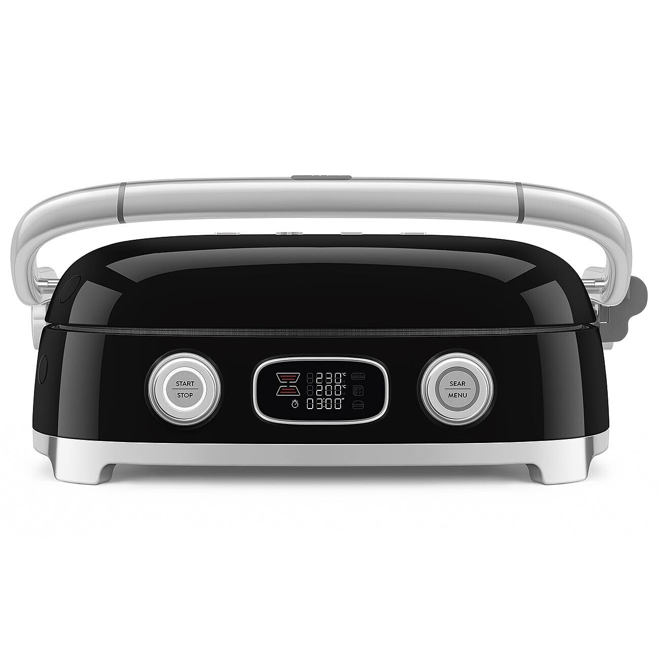 Smeg, MGF01BLEU, Grill Elettrico Multifunzione 3 in 1, Nero | Funzione SEAR, 3 Modalità di Cottura, Preset Panini, Waffle e Burger, 4 Piastre Incluse