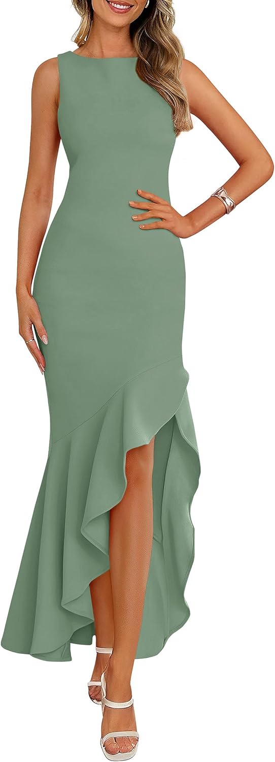 PRETTYGARDEN Wedding Guest Dresses for Women 2025 Summer Formal Gala Maxi Dress Ruffle Mermaid Cocktail Long Dresses Sage Green Medium