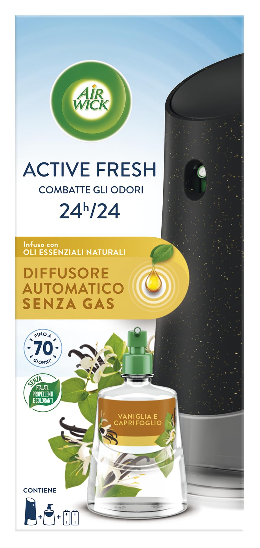 Airwick Active Fresh Deodorante per Ambienti, Confezione con 1 Diffusore Automatico senza gas, 1 Ricarica alla Fragranza Vaniglia e Caprifoglio 228ml, 2 Pile AA, Neutralizza Odori 24/7