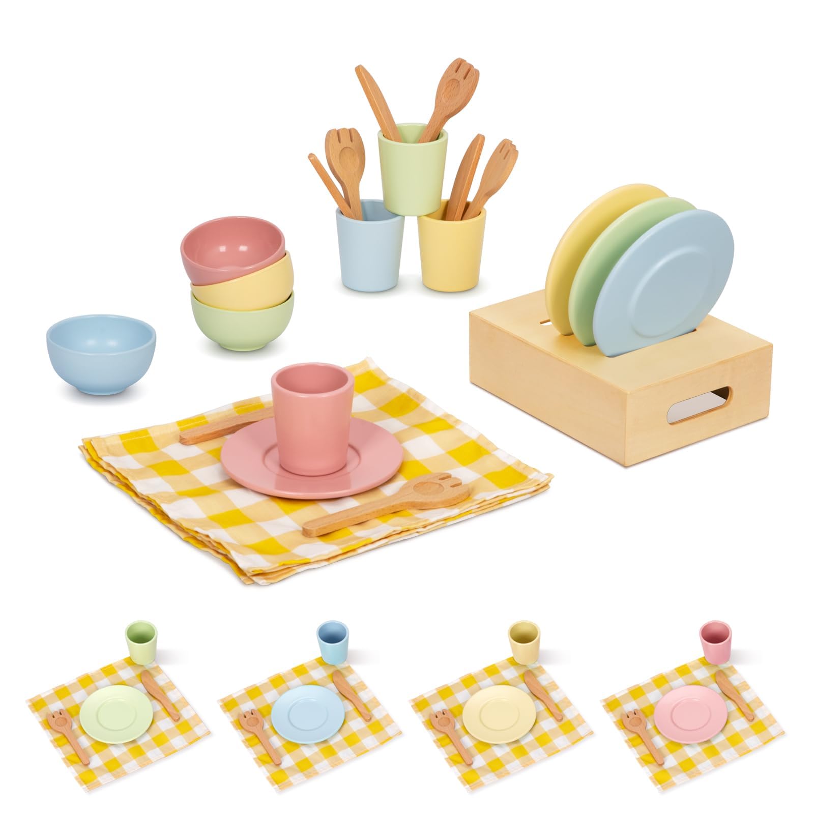 OOOK Wooden Play Dishes and Plates for Kids Kitchen Set 25 PCS Wooden Play Kitchen Accessories