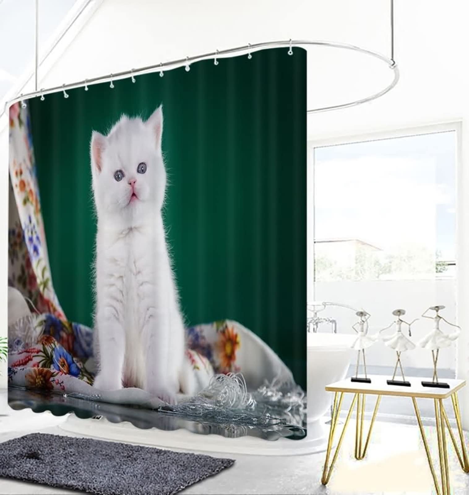 Tenda da doccia in poliestere, multicolore, impermeabile, motivo gatto bianco, 200 x 180 cm