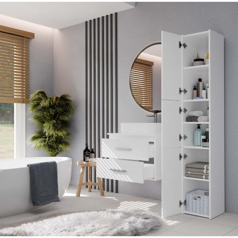 CDF Armario colgante debajo de la encimera, mueble de baño suspendido con 2 cajones para cosméticos accesorios de baño, frentes lisos con asas, moderno, blanco, 60 cm