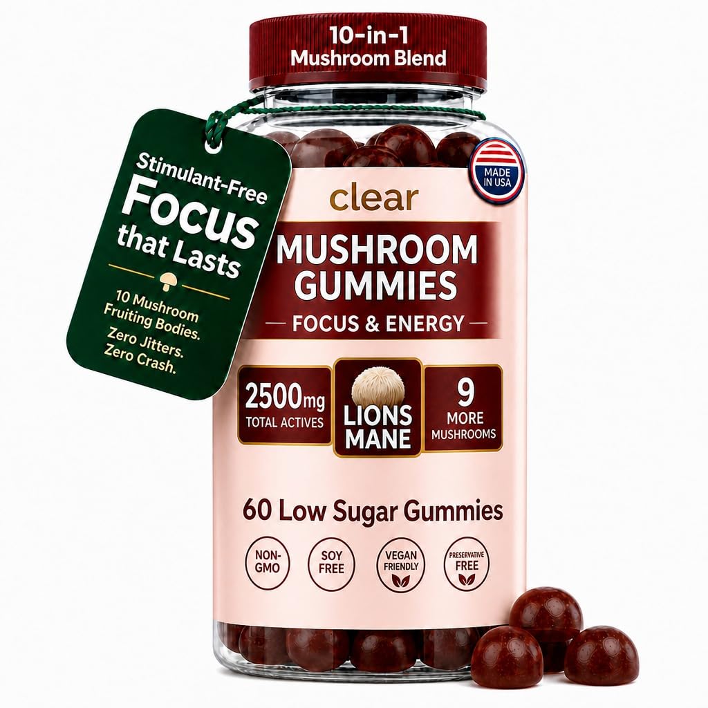 Clear Mushroom Gummies for Adults, Lions Mane 10 Mushroom Focus Supplement