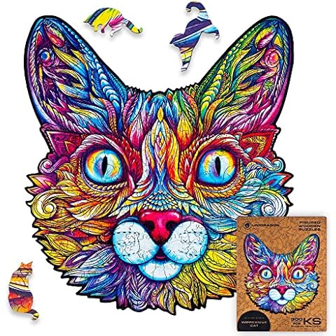 UNIDRAGON Original Wooden Jigsaw Puzzle - Impressive Cat, 300 pcs, King Size 12.2"x13.8", Unique Animal Shaped Puzzle Box, Birthday Gift Idea for Kids, Adults, Girls, Boys, Family Game and Hobby Cover