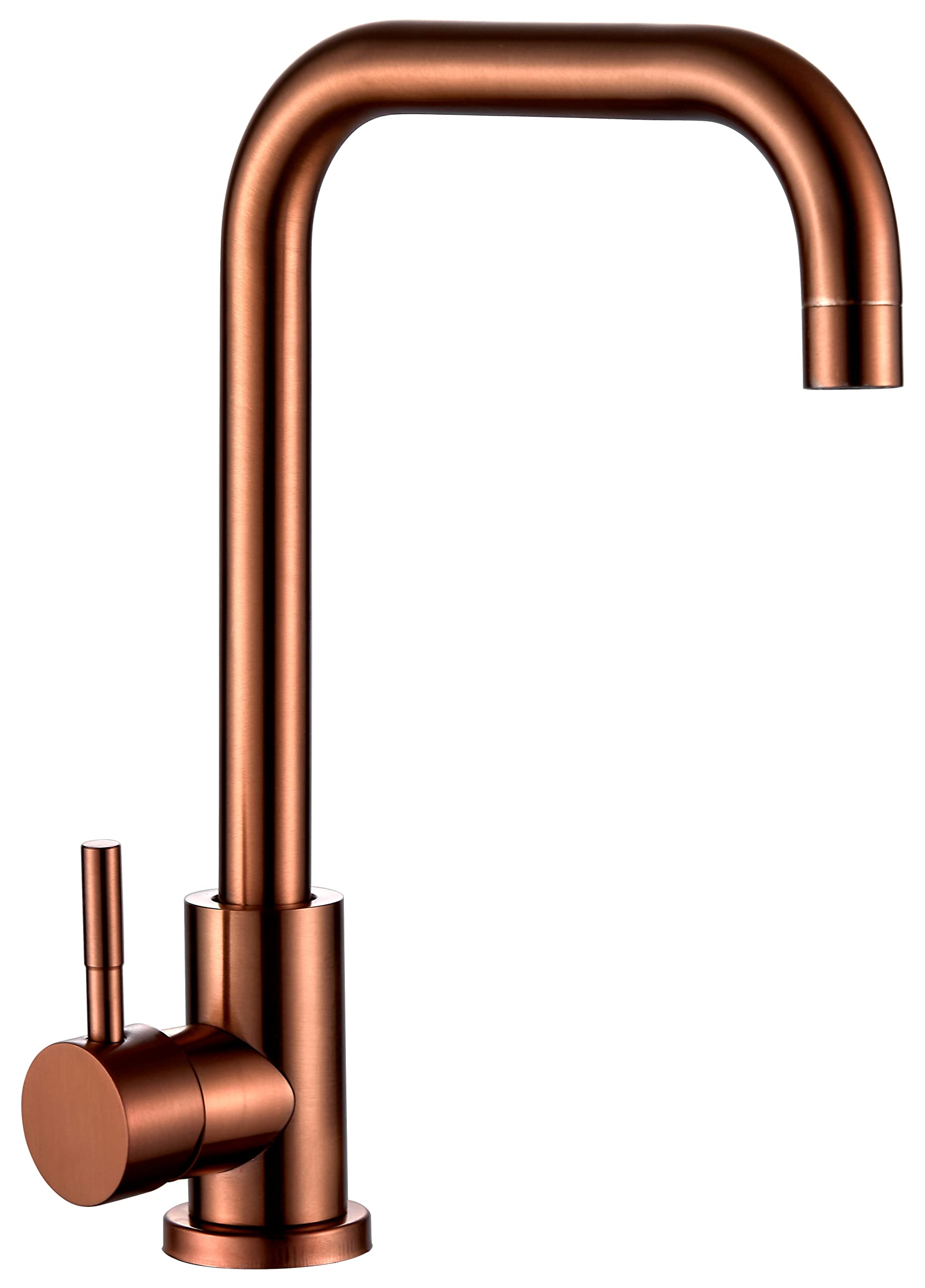 Grifo monomando para fregadero de cocina, color oro rosa cepillado | Lujoso acero inoxidable 304 con kit de limpieza y montaje, diseño de cuello giratorio angular, agua fría y caliente