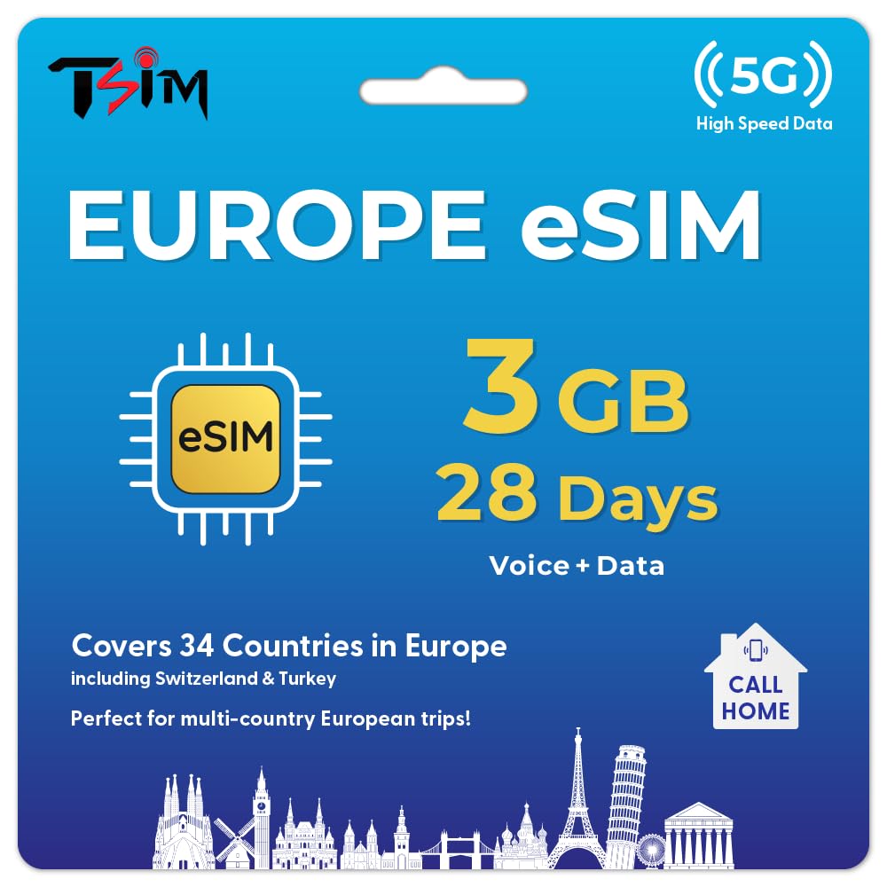 TSIM Europe Esim with 3GB Data 28 Days | Unlimited Local Calls | 15 Minutes Direct Dial to India | 5G Network