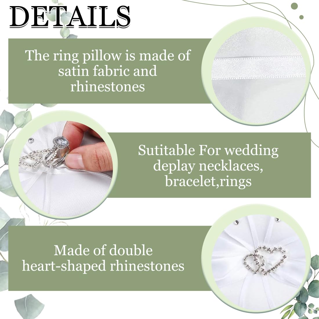 Cuscini portafedi,Cuscino per fedi nuziali bianco, accessori per matrimonio, cuscino per fedi nuziali con doppio cuore e diamanti, 10 cm
