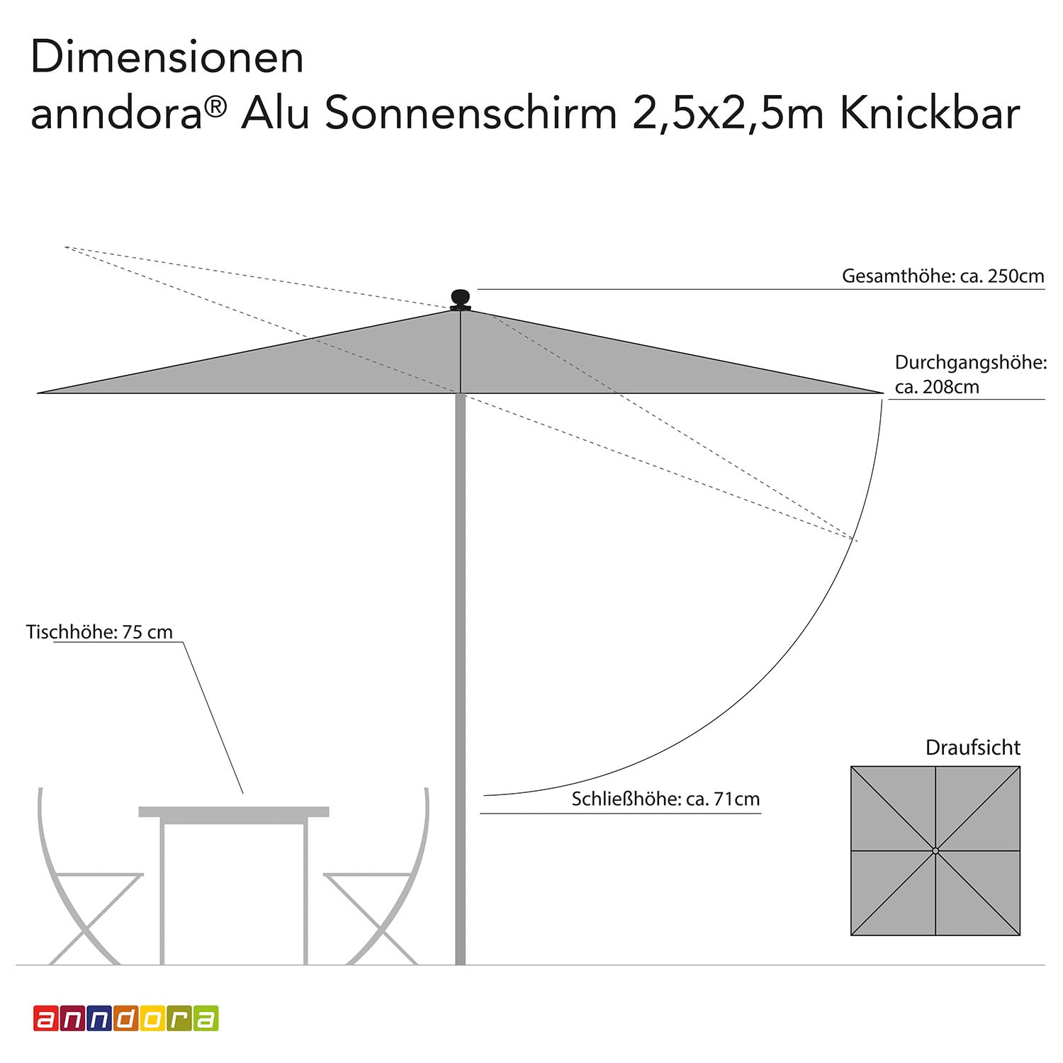 anndora Aluminium Sonnenschirm 2,5 x 2,5 m quadratisch - Sonnenschirm mit Kurbelsystem für Balkon, Garten Terrasse