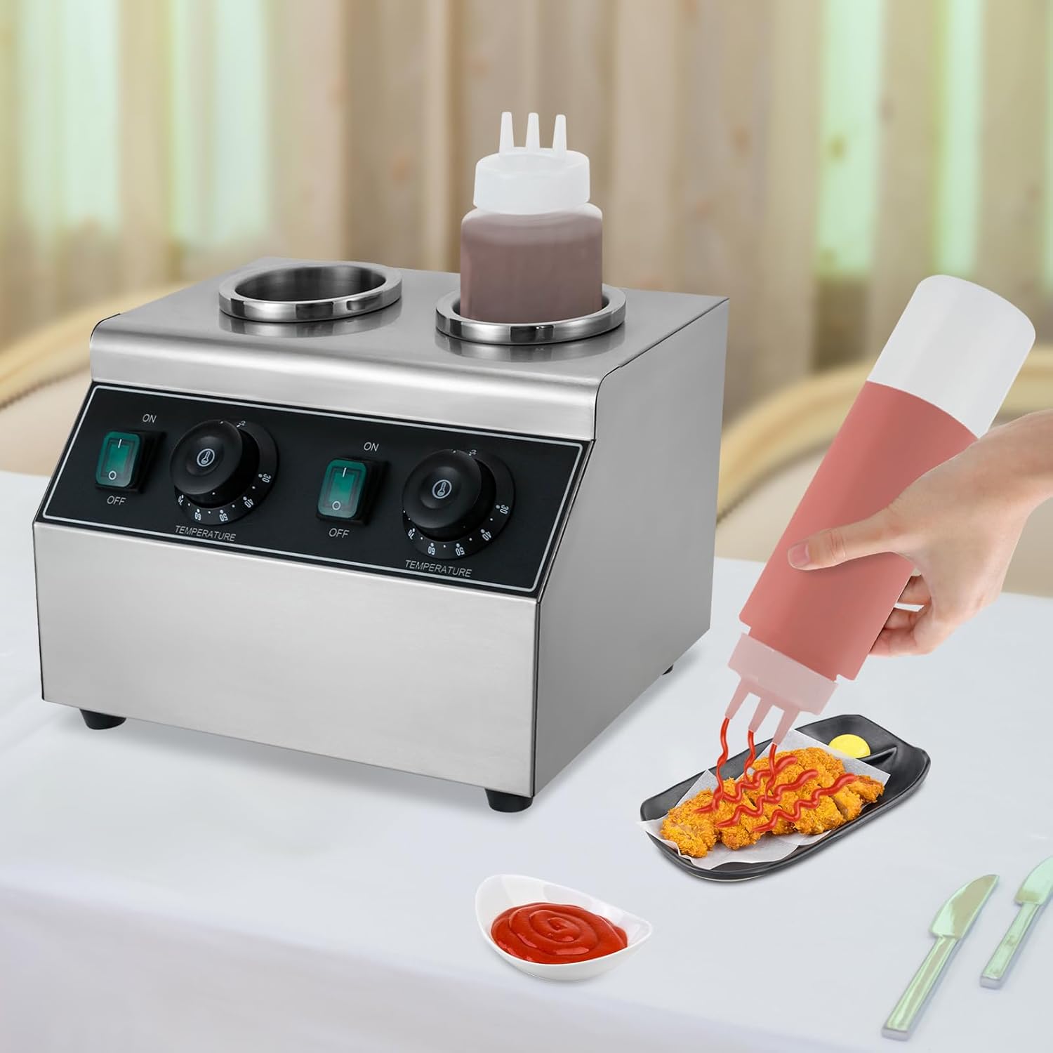 Electric Sauce Warmer Heater, 2 Grids Hot Fudge Warmer Dispenser, Commercial Nacho Cheese Dispenser with 2 Bottles, Jam Chocolate Caramel Sauce Heat Preservation Machine 86-176 ℉