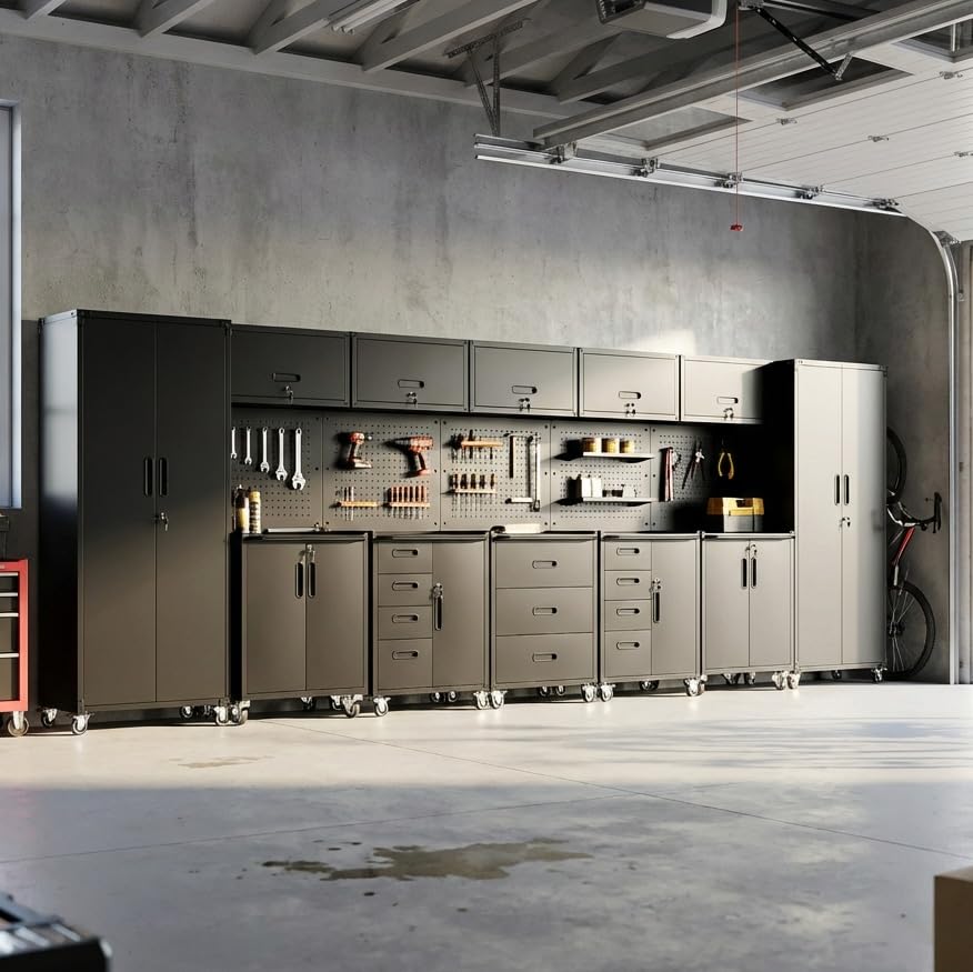 Image of 12-Piece Heavy Duty Steel Garage Cabinet System | All-in-One Modular Garage Cabinet Set for Ultimate Workshop Organization | Easy Assembly Garage Storage Cabinets & Tool Bench (Black)