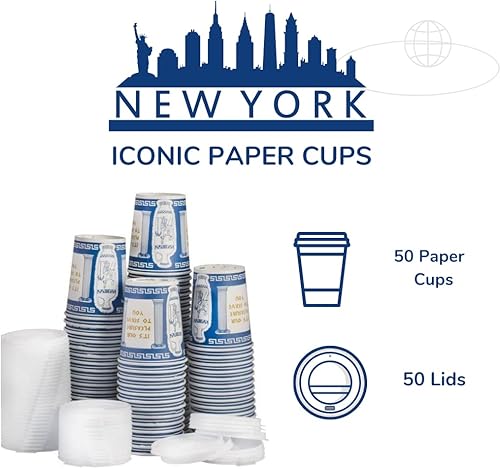 Miniatura 4 de Paquete de 50 Vasos de café de papel New York de 10 onzas, taza de café de papel desechable con tapas, bebidas calientesfrías