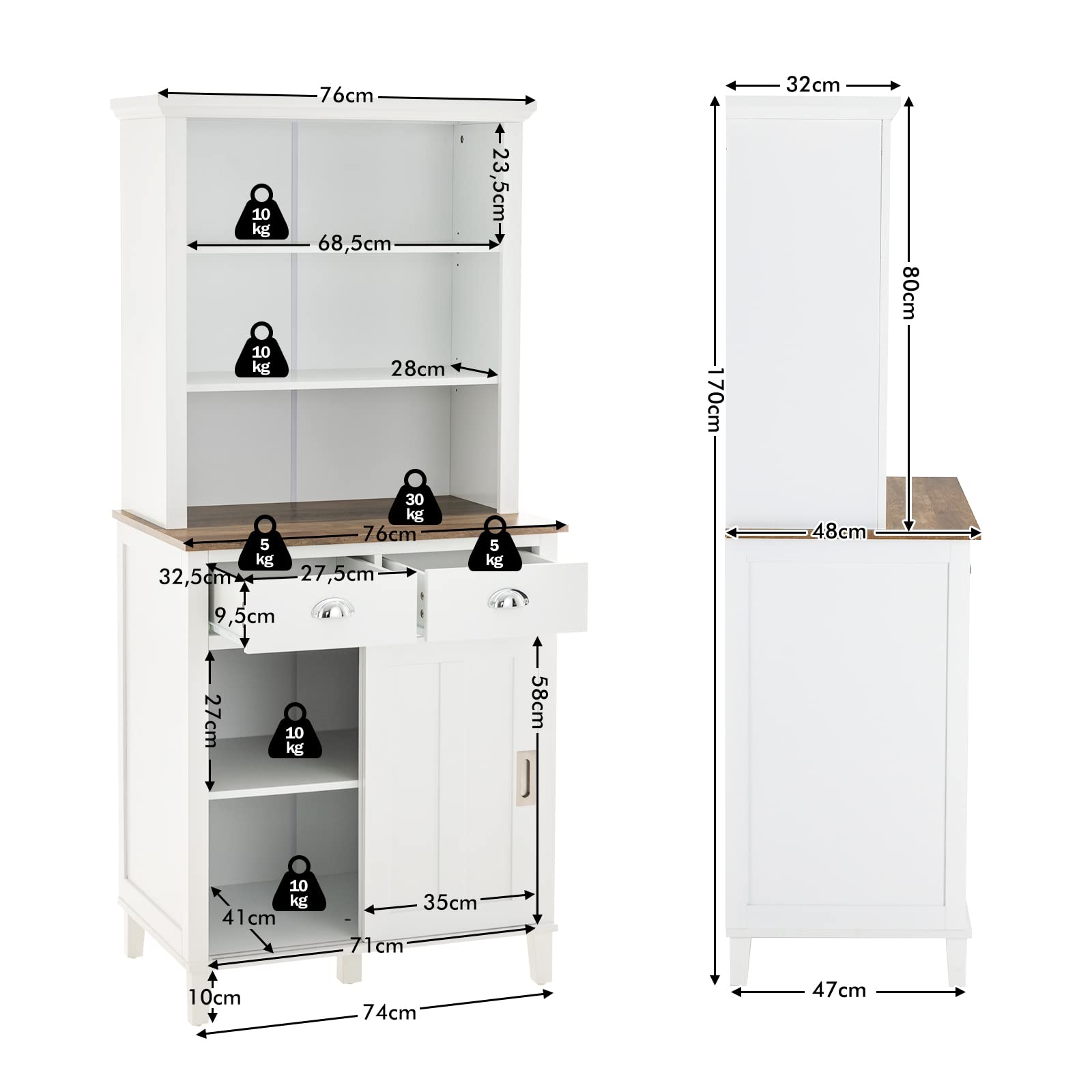 COSTWAY Buffet de Cuisine 170 cm avec Niche et Portes Coulissantes