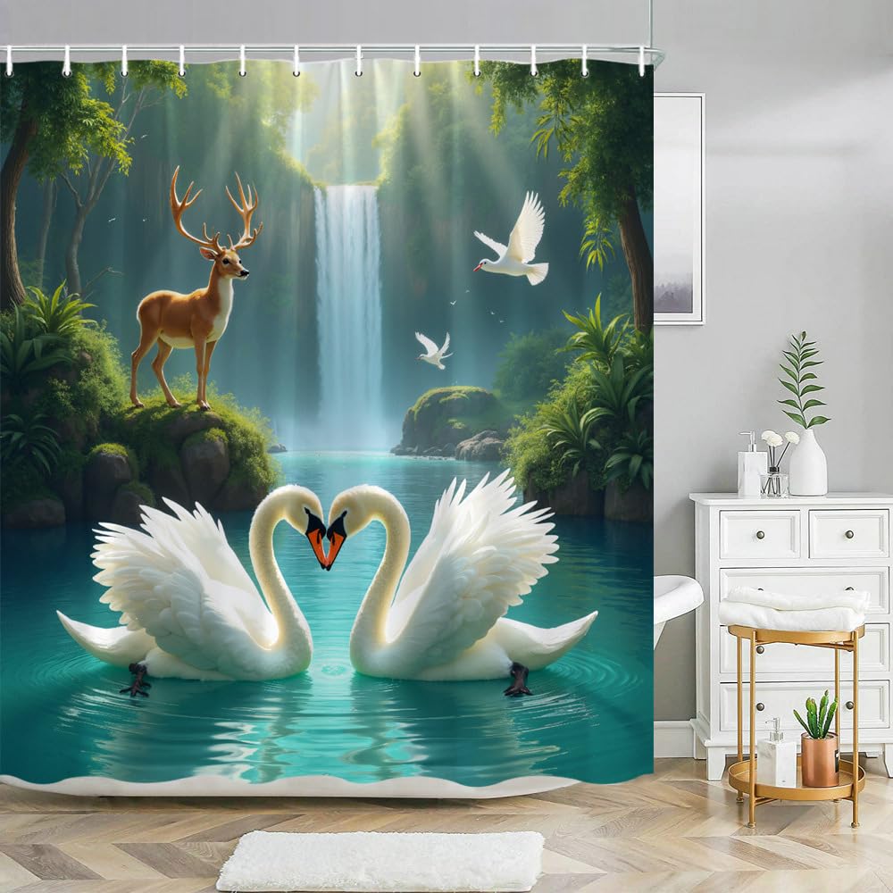 GLWDMB 1 Piece 180x200CM Swan Heart and Waterfall Printed Shower Curtain With Hook, Polyester, for Windows And Walls, Bathtub, Bathroom, Machine Washable, All Season Universal