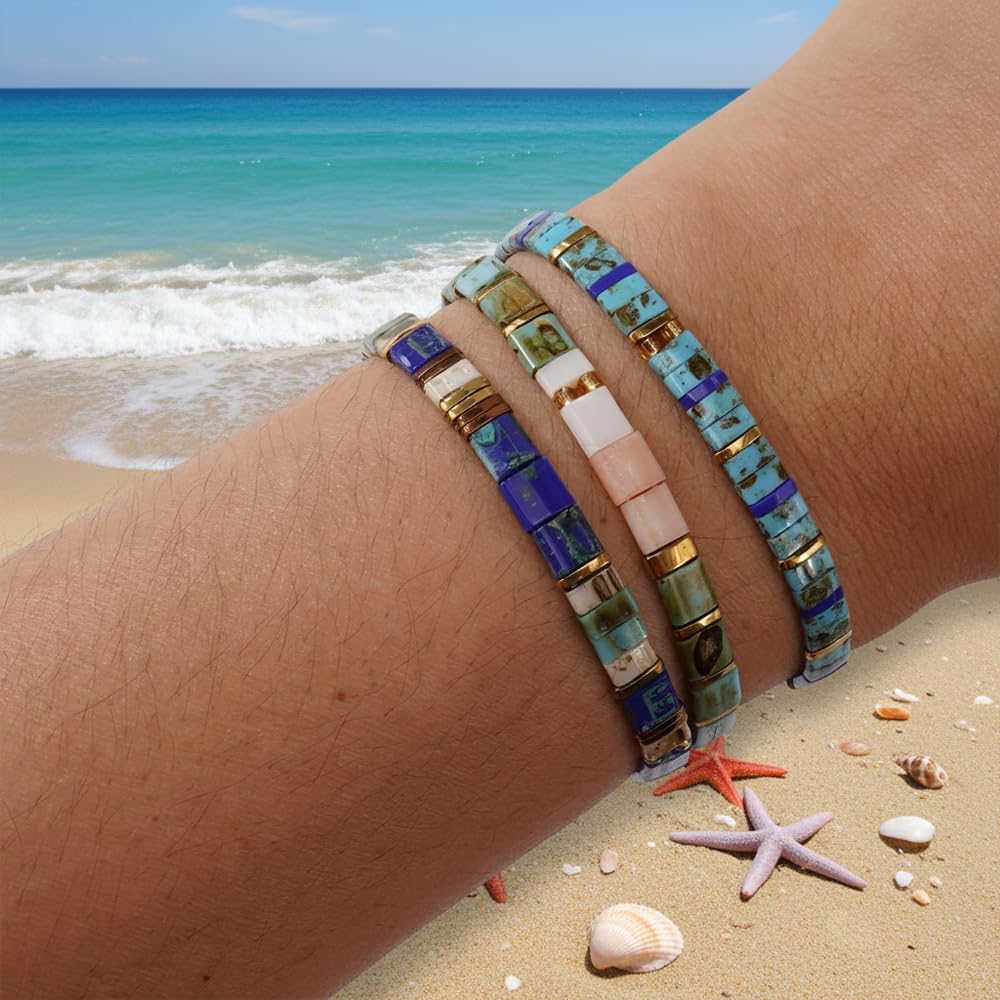 Tila Flat Seed Beaded Bracelets Stack for Women Men Boho Healing Gold Colorful Square Stretch Bracelet Set Accessories Jewelry Daily Vacation Party Holiday Friendship Gifts for Women - Image 3