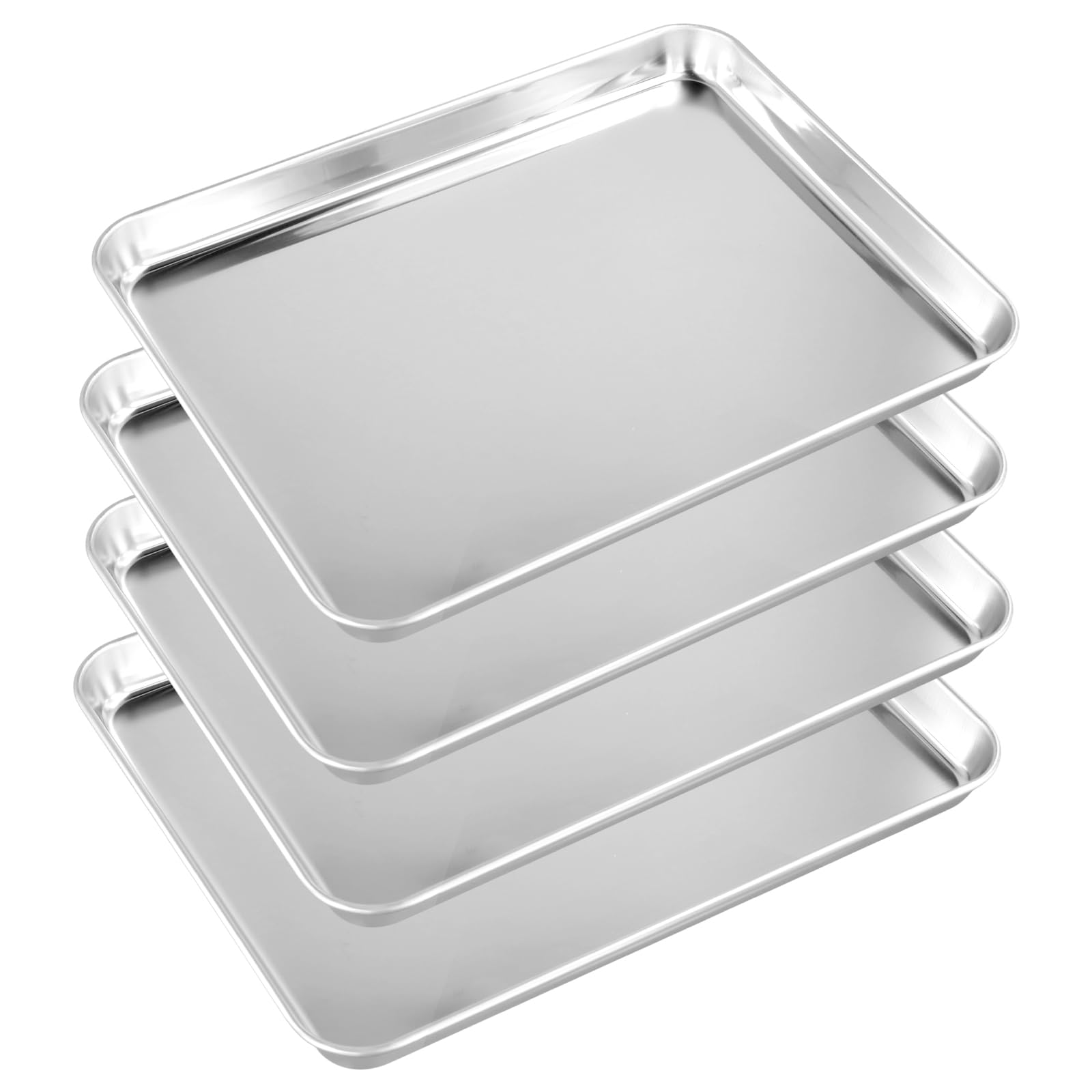 4 teglie da forno piccole in acciaio inox, rettangolari per arrostire, servire, cucinare, torte, biscotti, 23,5 x 17,5 x 2,5 cm, argento