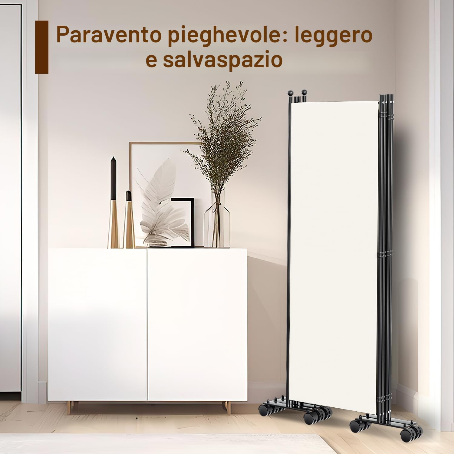 Paravent - Divisorio pieghevole, divisorio autoportante, paravento su rotelle, 5 pezzi, 284 x 181 cm, divisorio pieghevole da parete, autoportante con piedi larghi, in tessuto, protezione
