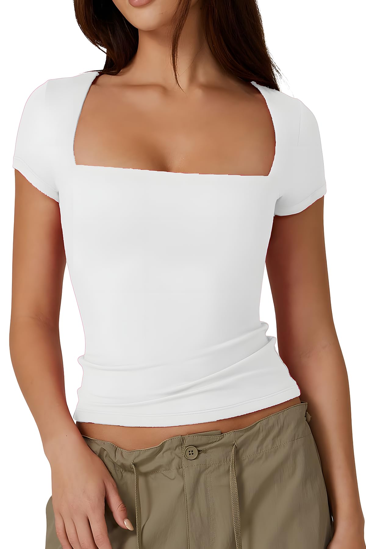 Vozobi Women's Square Neck T Shirts Short Sleeves Double Lined Basic Tee Slim Fit Sexy Y2K Tops
