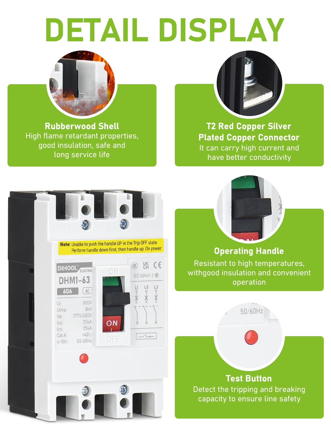 DIHOOL Industrial Miniature Circuit Breaker 3 Pole 60 Amp 277/480V AC, Thermal Magnetic Trip,AC Disconnect Switch MCB
