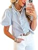Fronage Shirts for Women UK Puff Sleeve Striped Shirt Summer Short Sleeve Ruffle Tops Casual Mock Neck Button Down Shirts