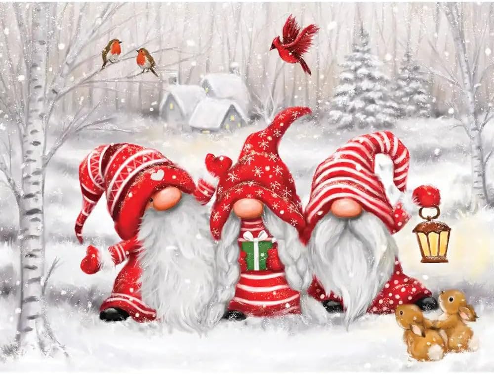 Bits and Pieces – Large 500 Piece Jigsaw Puzzle for Adults – Three Gnomes' Christmas Winter Jigsaw Puzzle by Artist Makiko, Completed Puzzle Size: 18" x 24"