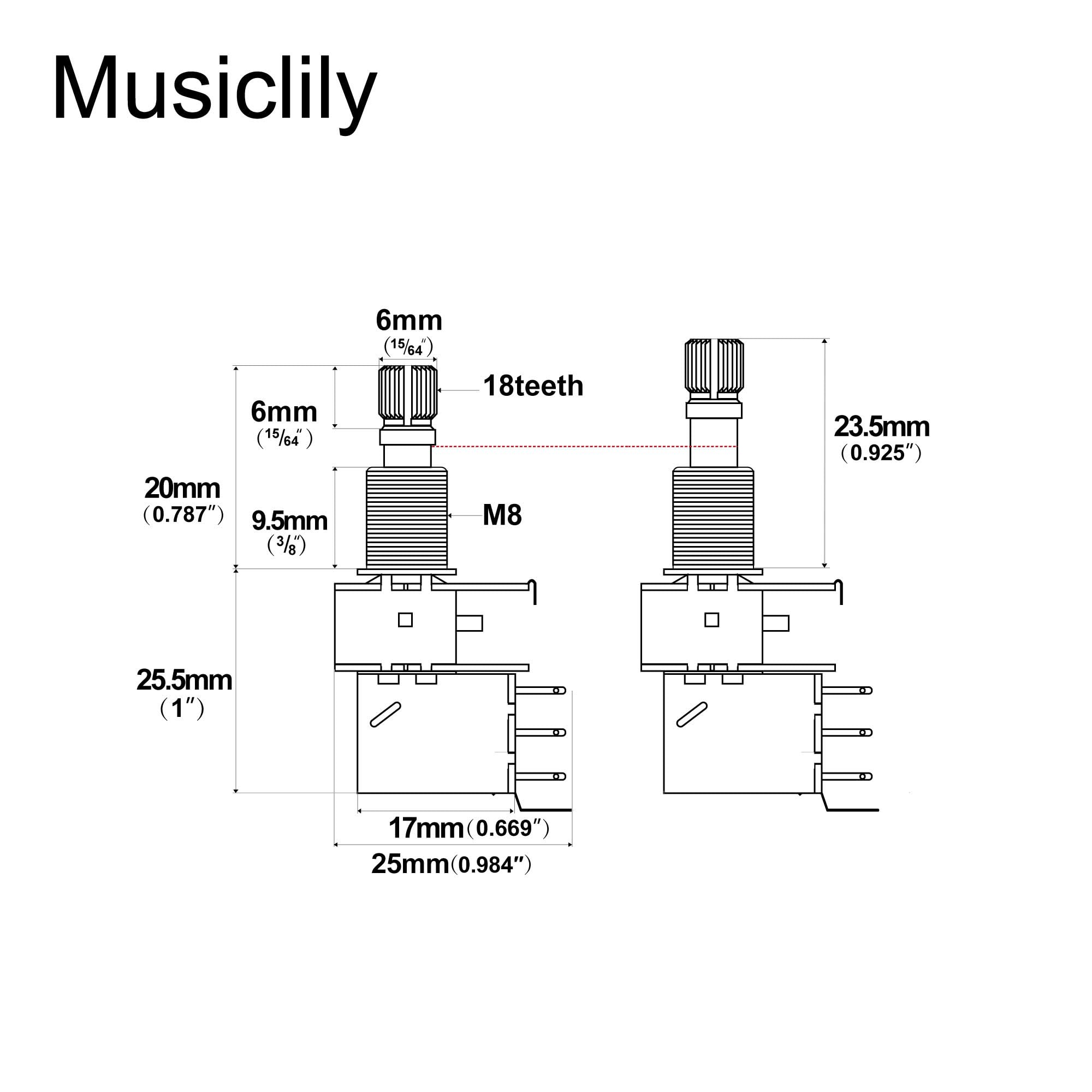Musiclily Pro Brass Full Metryczna Potencjometr Gitaryowy Push Push A250K Logarytmiczny do Gitary Elektrycznej i Basowych (2 szt.)