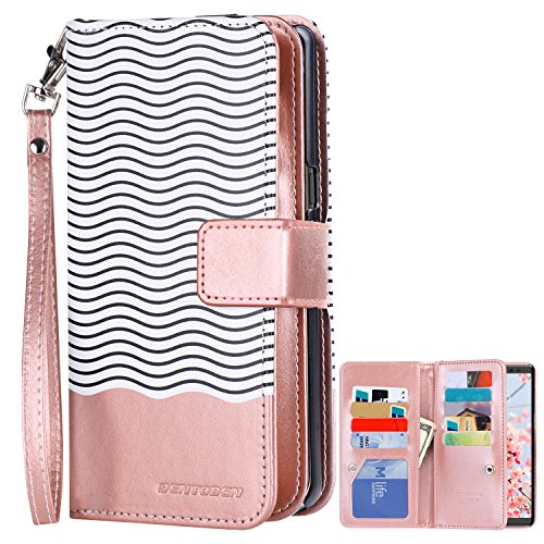 Samsung Note 8 Case, Note 8 Wallet Case, BENTOBEN Note 8 Flip Case Premium PU Leather Stripe Detachable Wrist Strap Magnetic Folio Wallet Phone Case Cover for Samsung Galaxy Note8 Cute Rose Gold/White