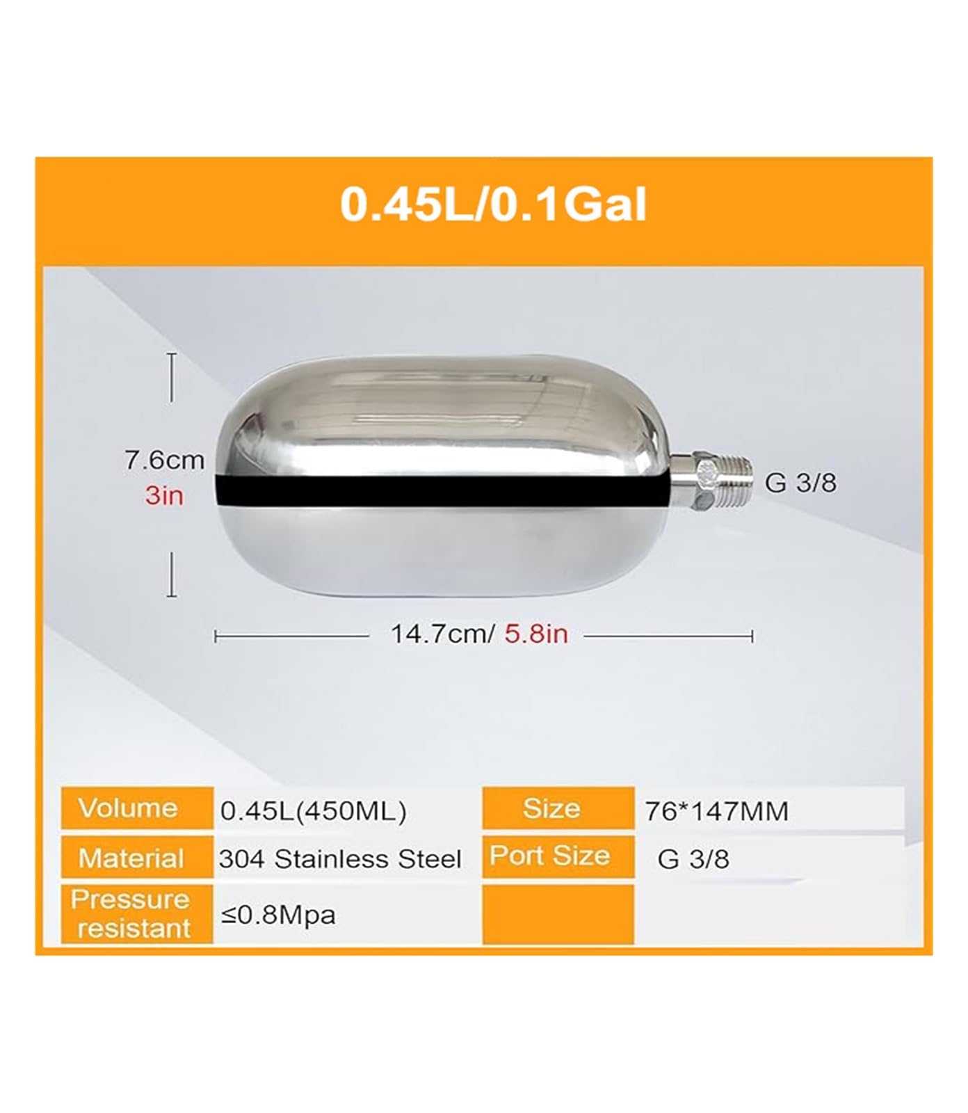 Genérico Tanque de Almacenamiento de Bomba de diafragma pequeña, Tanque de Aire de Alta presión, contenedor de Almacenamiento de Gas, Tanque de Aire Tipo Bote.(0.45L/0.1Gal)