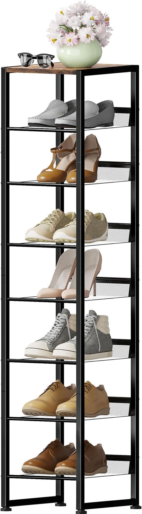 Vertikales Schuhregal mit 8 Ebenen, Eck-Schuhaufbewahrung, Organizer, schmaler Schuhturm für 8 Paar, platzsparend, stabiles Metall-Schuhregal, verstellbar, freistehend, für Eingang, Flur, Wohnzimmer