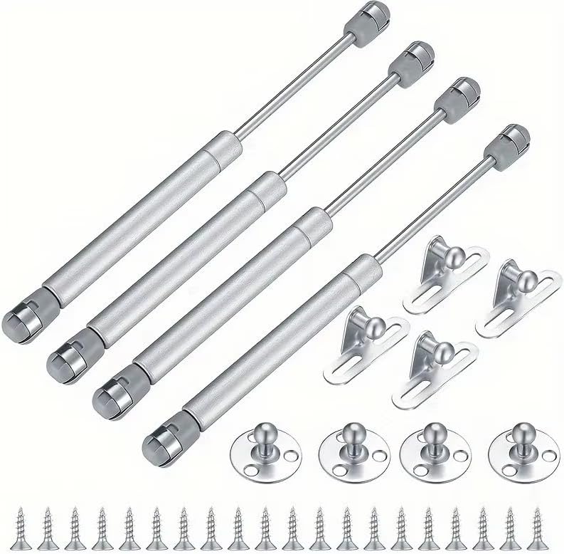 Cabinet Door Gas Spring Strut Hinges, Silver, Steel, 10.4 Inch, Hydraulic Lift Support, 4 Pack, with Mounting Brackets and Screws