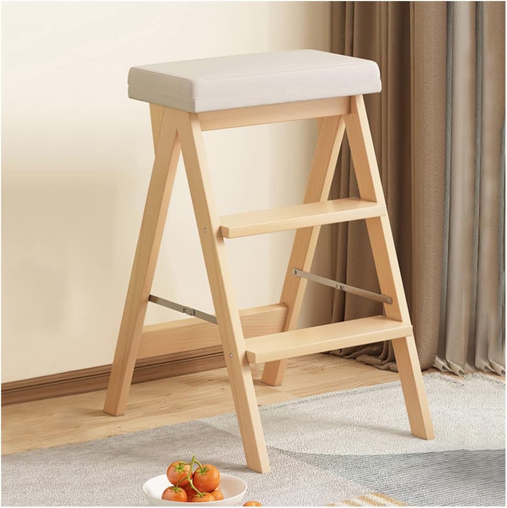 Solid Wood Three-Step Folding Step Ladder Widened and Thickened Pedal Free Retraction Step Stool Strong Bearing Capacity Save Space150kg Durable (Bamboo Primary Color Grizzle Stool Cover)