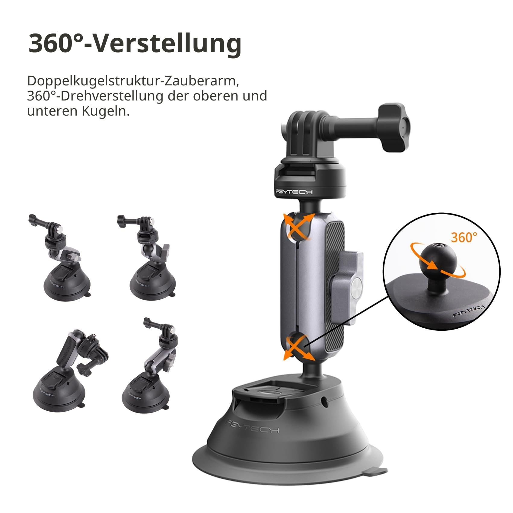 PGYTECH CapLock Saugnapf Auto Halterung Suction Cup Car Mount für DJI OSMO 360/Action 6/Pocket 4/3, für Gopro Hero 13/12, für Insta360 Ace Pro 2/X5 Action-Kam Zubehör mit 360° Doppelkopf Kugel