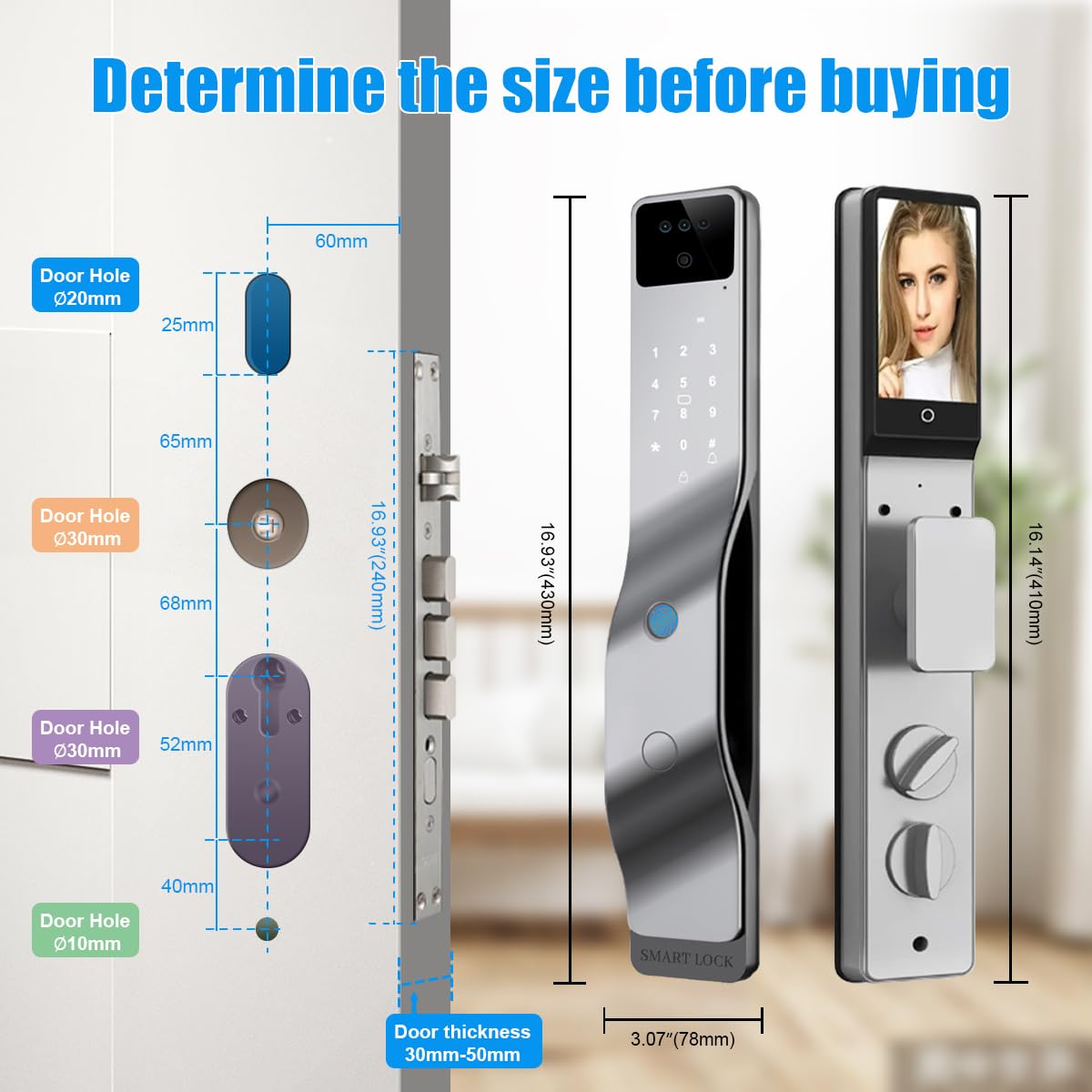 Sophies Serrure de porte intelligente avec caméra, serrure intelligente Wi-Fi entièrement automatique, reconnaissance faciale 3D, biométrie intelligente, empreintes digitales (verrouillage intelligent
