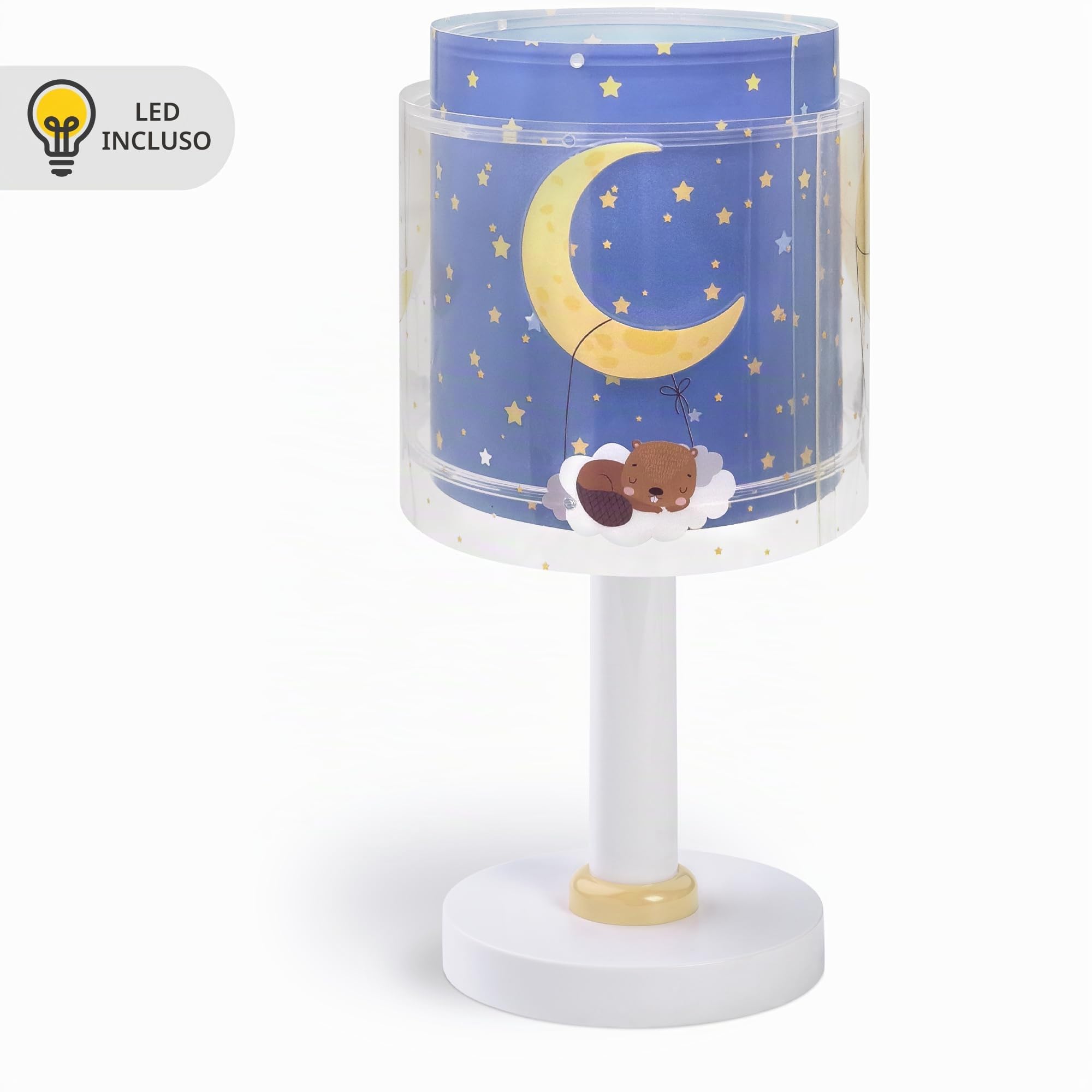 Dalber Lampada da tavolo per bambini, luce da comodino e da notte Moon Dreams animali luna nuvole stelle blu, 76631, G4-4W LED - Lampadina inclusa