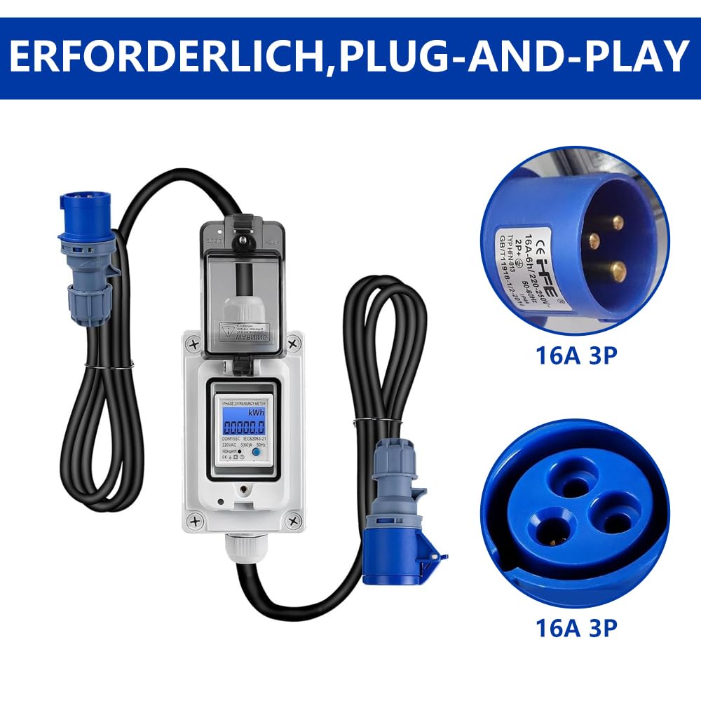 Mobiler Digitaler Stromzähler, 230V 16A Mobile Outdoor KWH Stromverbrauchsmesser mit Gummischlauchkabel Tragbar für Wohnmobile Elektrofahrzeuge mit IP67 Wasserdicht/LED/Reset
