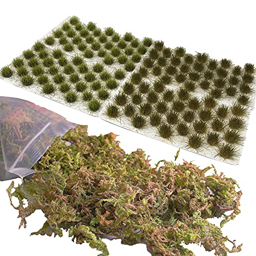 Cayway 6 PCS Static Grass Tuft Model Grass Tufts Terrain Model Kit Resin Static Scenery Model, Fake Moss Grass and Tweezers for Train Landscape Railway Artificial Grass Modeling