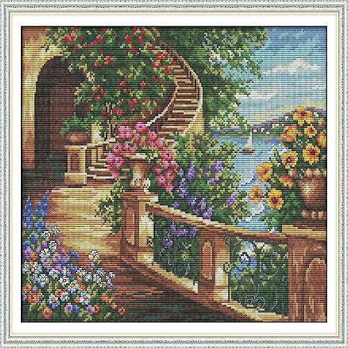 Image of Howie's Needlepoint Cross Stitch Kits, 14CT Pre-Printed Pattern Needlepoint Kits, Full Range of Stamped Starter Kits (Spring Balcony, 17 x 13.8 Inch)