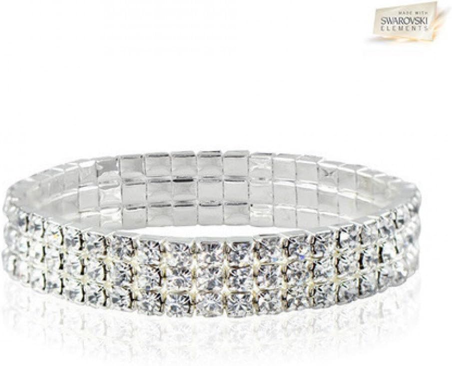 Triple-Tier Swarovski Elements Austrian Crystal Stretch Bracelet in Silver Tone