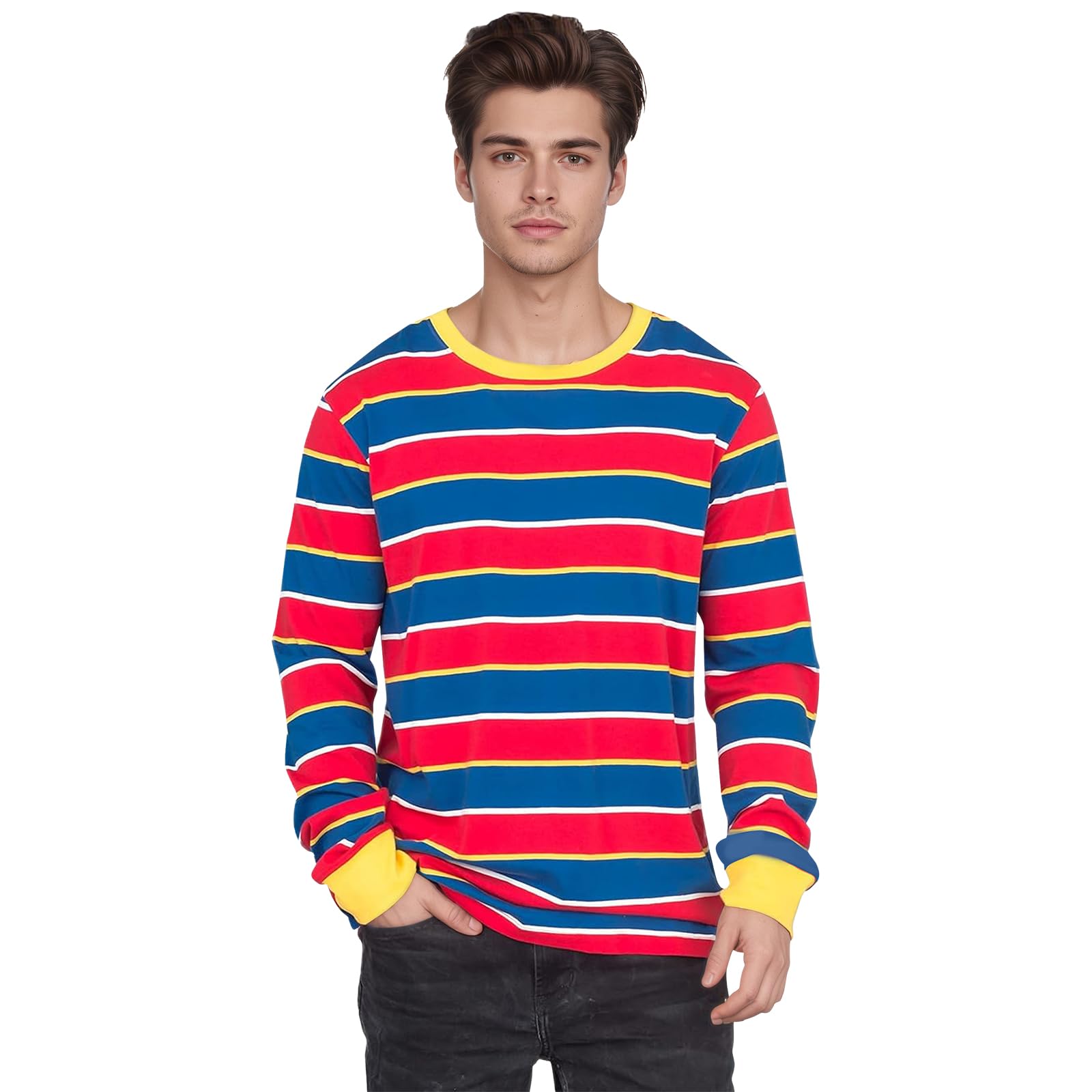 Adult Striped Sleeve Shirt Men's Collar Pullover Halloween Classic Character Cosplay Costume (2XL) Red