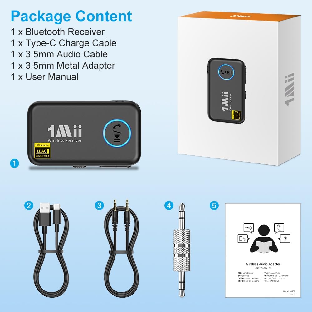 1Mii LDAC Bluetooth Aux Adapter for Car, Wireless Bluetooth 5.3 Receiver with Volume Control, 10H Battery Life, Hands Free Calls, Use in Car/Home Stereo/Wired Headphones/Speaker