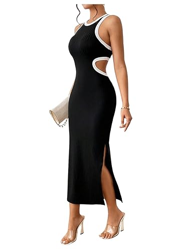 GORGLITTER Women's Ribbed Knit Midi Dress Crewneck Cut Out Cocktail Bodycon Long Dresses - Small - Black